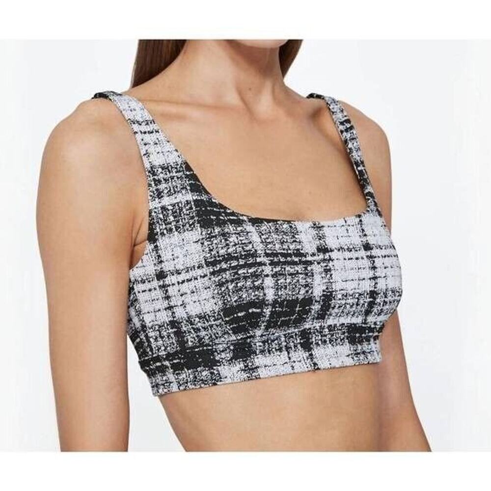 NWT ONA BY YOON CHUNG Plaid Sports Bra Black White Scoop Neck Top Active…